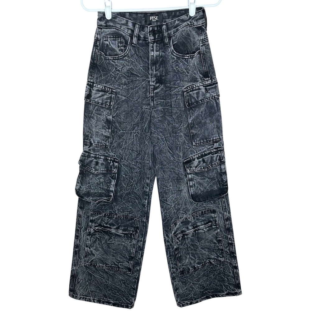 Rise Supply Co Black Acid Wash Cargo Jeans Wide Leg Utility Pants RSDT14WB1D2T 5